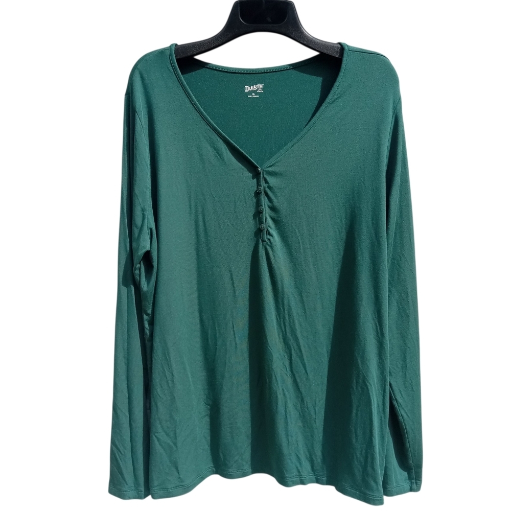 4/$10 Duluth Trading Co Women's Dang Soft Long Sleeve Henley V-Neck Green XL